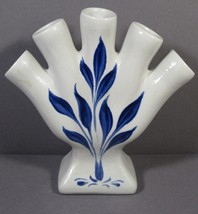 Five Finger Pottery Vase White with Blue Leaf Design 6&quot; x 7&quot;. - £15.80 GBP