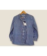 Blue White Striped Band Collar Blouse Button Ruffle Long Sleeve Small Fe... - $39.60