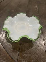 Fenton Emerald Crested White Milk Glass Candy Bon Bon Crimped Dish 5 3/4... - $29.69