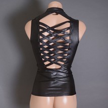 Black Womens Faux Leather Cleavage Zipper Lace Up Strappy Fitted Vest Cl... - $54.72 CAD