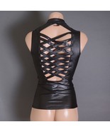 Black Womens Faux Leather Cleavage Zipper Lace Up Strappy Fitted Vest Cl... - $54.72 CAD