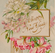 White &amp; Pink Carnations and Happy New Year Antique Postcard W/ Gold Gilt - £6.18 GBP