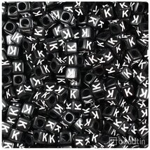 BeadTin Black Opaque 6mm Cube Plastic Alphabet Beads- White Letter K (80... - $2.09