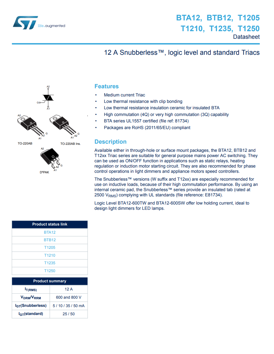 12X BTA12-600BRG BTA12-600B STMicroelectronics Triac 600V 12A TO-220AB Insulated Item image 2