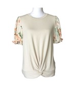 AUW  Womens Knot Hem Top L Short Balloon Sleeve Lightweight Tan Body/Floral - $27.95 CAD