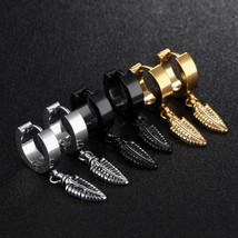 Men's Gothic Punk Feather Drop Dangle Hoop Earrings Rock Jewelry Stainless Steel - $6.99