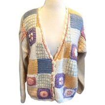 Vintage 90s Womens Granny Square Cardigan Sweater Floral 3d Beige Sz Lar... - $57.88