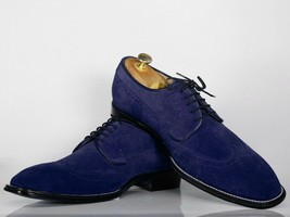 Handmade Men&#39;s Navy Blue Wing Tip Suede Formal Shoes, Men Designer Dress Shoes - £114.68 GBP+