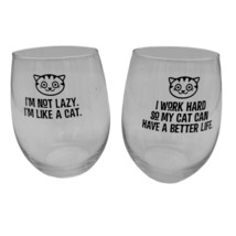 Pair of Wine Glasses Cat Themed Stemless Clear Glass 16oz Capacity - £11.82 GBP