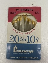 VTG 20 Sharps Gold Eye Needles JC Penny W Germany  - $19.75