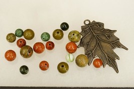 Artisan Jewelry Supply Lot Goldstone Unakite Gemstone Beads &amp; Metal Leaf... - £11.62 GBP