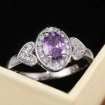 Silver Plated Amethyst Ring Heart Shaped Cubic Zirconia Size 6 - £31.33 GBP