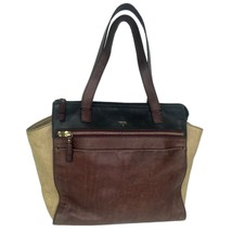 FOSSIL Black Brown Tan Leather Tote Shoulder Hand Bag Carryall Satchel - £45.05 GBP