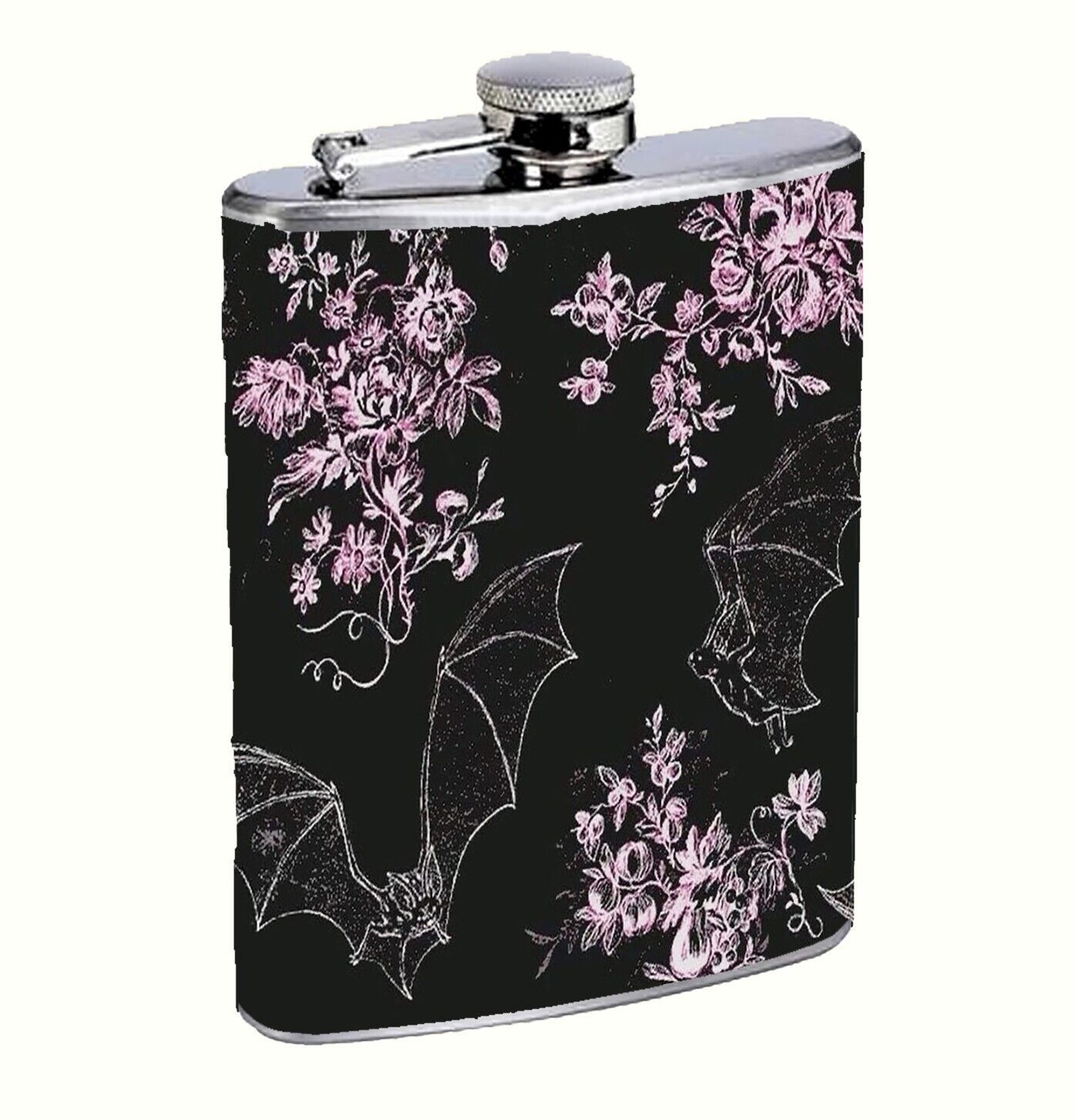 Black and Pink Bats Glam Goth Y2k Flask 8oz Stainless Steel Hip Drinking Whiskey