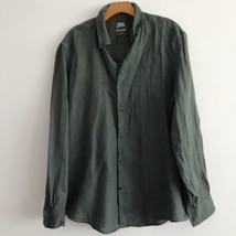 Zara Linen Shirt L Green Slim Fit Long Sleeve Button Casual Collared Res... - $30.46