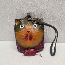 Genuine Leather Cat With Fish Coin Purse Wristlet Green Red Yellow - $12.77