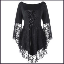 Black Plus Size Gothic Lace Up Front Flare Sleeves Irregular Extended Lace Hem image 2