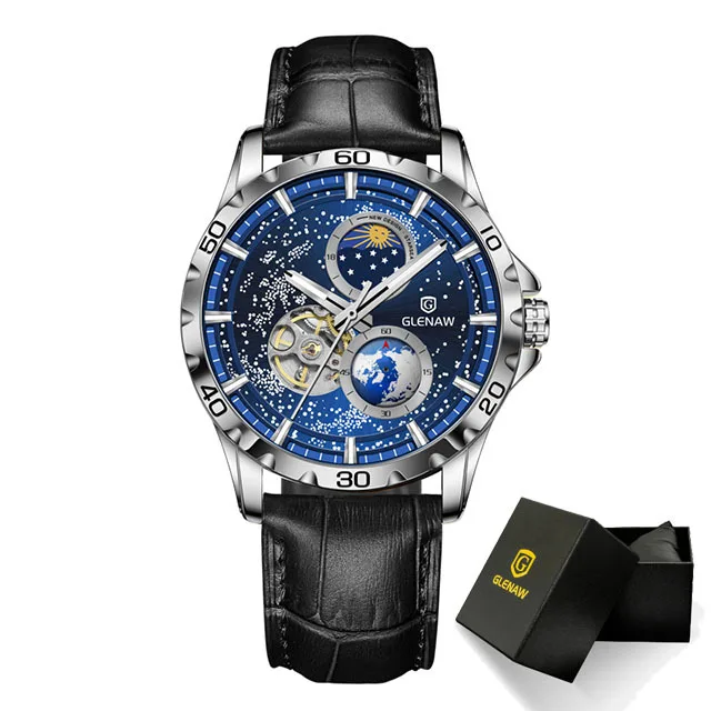 2023 GLENAW Men&#39;s Timing Mechanical Wristwatch Moonlight Phase  Waterproof Watch - £120.01 GBP