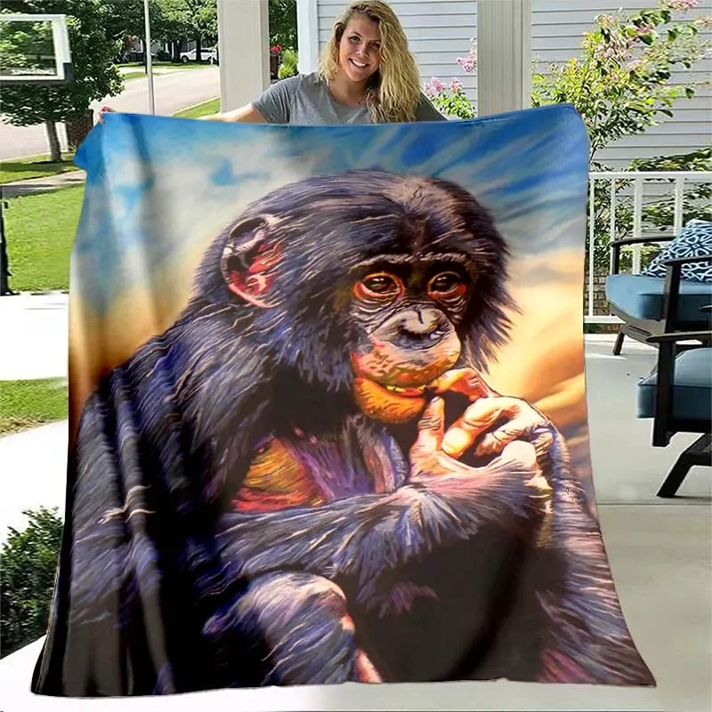 Oil Painting Monkey Art Pattern Flannel Throw Blanket Lightweight Comfortable - £13.83 GBP+