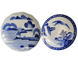 c1880 2 Japanese Blue/white Porcelain Chargers Hand Painted 10.75&quot; &amp; 11.25&quot; - £136.89 GBP
