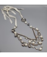 Layered Boho Necklace Faux Pearl Dangle Silver Tone Chain White Ribbon C... - $557.69 MXN