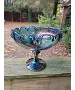 Indiana Blue Iridescent Carnival Glass Compote Fruit Pedestal Bowl ~ Vin... - $397.05 MXN
