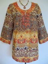 Style &amp; Co. Jeans Boho India Tunic Top 16 Bead Embellished Orange Gold Brown - $21.99