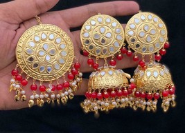 Mirror Rajasthani Jaipuri Gold Plated Tikka Earrings Jewelry Set Bridal Red VJ - £22.37 GBP