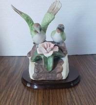 Vintage Painted Ceramic Green Hummingbirds On Log With Pink Flower  - £10.08 GBP