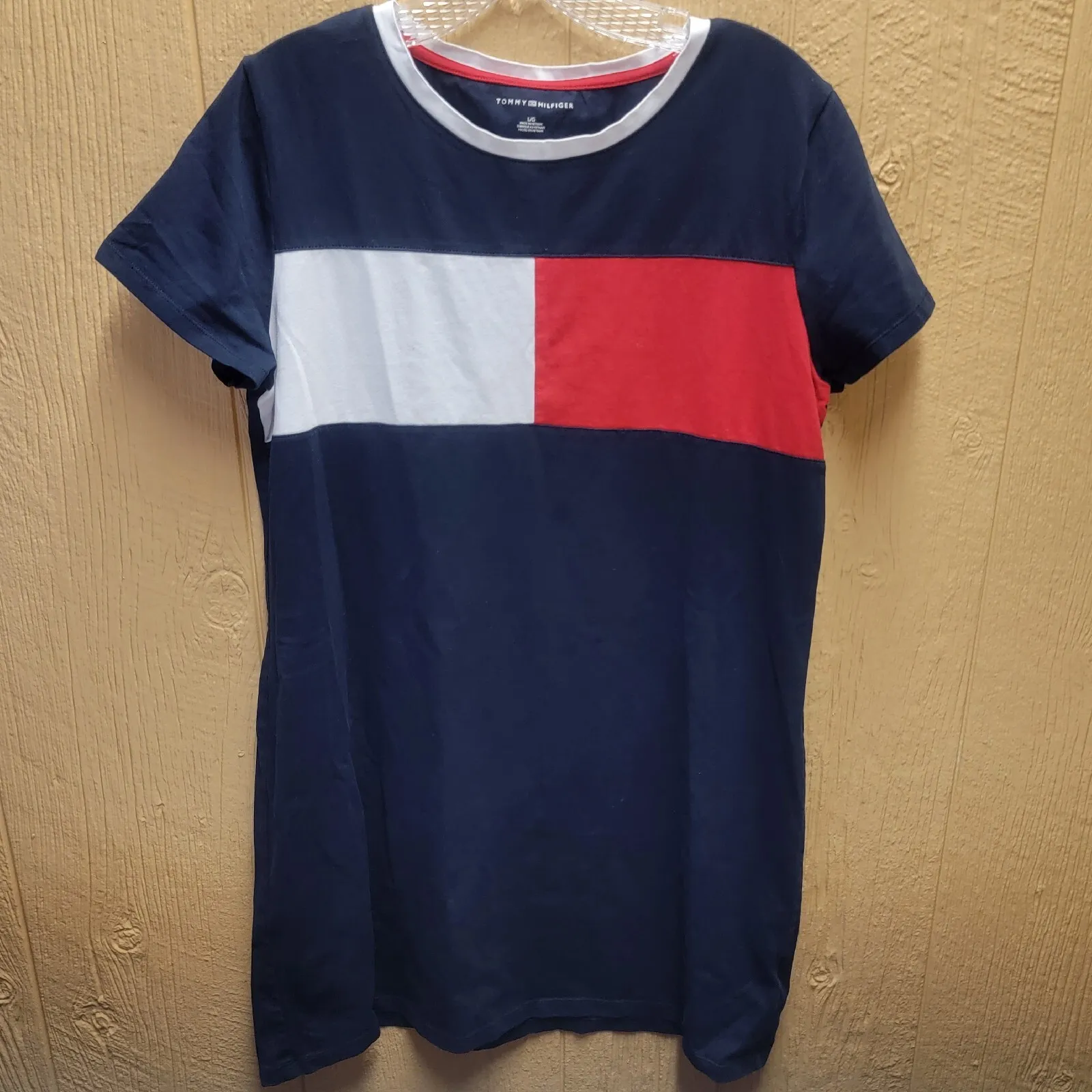 Tommy Hilfiger Women Shirt Dress Large Short Sleeve Red White Blue Stretch - $19.24