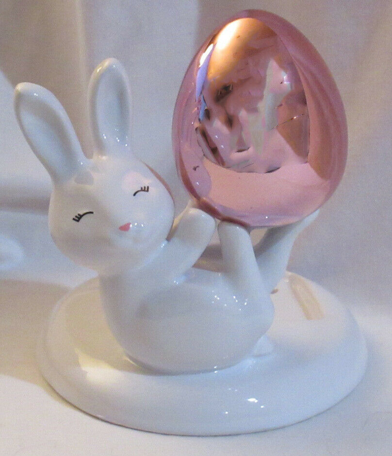 Bath & Body Works Foaming SOAP holder Ceramic Shiny Pink Egg CUTE WHITE BUNNY - $49.51