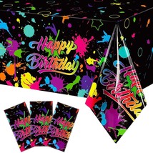 Neon Glow In The Dark Birthday Party Tablecloth Paint Splatter Graffiti Happy Bi - £15.97 GBP