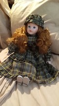 15&quot; Plaid Dress Porcelain Sitting Doll  auburn hair and blue eyes - £8.39 GBP