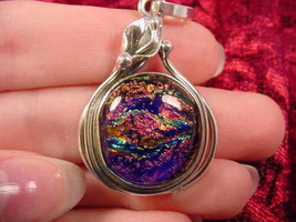 (#D-133) Dichroic Fused Glass Pendant Silver Purple Orange Pink - £53.05 GBP