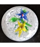 Art Glass Yellow/Blue Flowers Green Circular Paperweight - £31.13 GBP