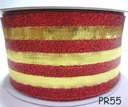 1-1/2&quot; 38mm wide 3yds /Roll Red &amp; Gold Metallic &amp; Gold Wired Edge Ribbon PR55 - £3.18 GBP