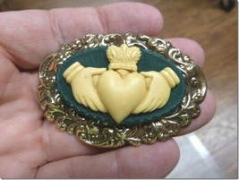 (CM38-34) traditional CLADDAGH heart hands green + ivory CAMEO brass Pin Pendant - £26.23 GBP