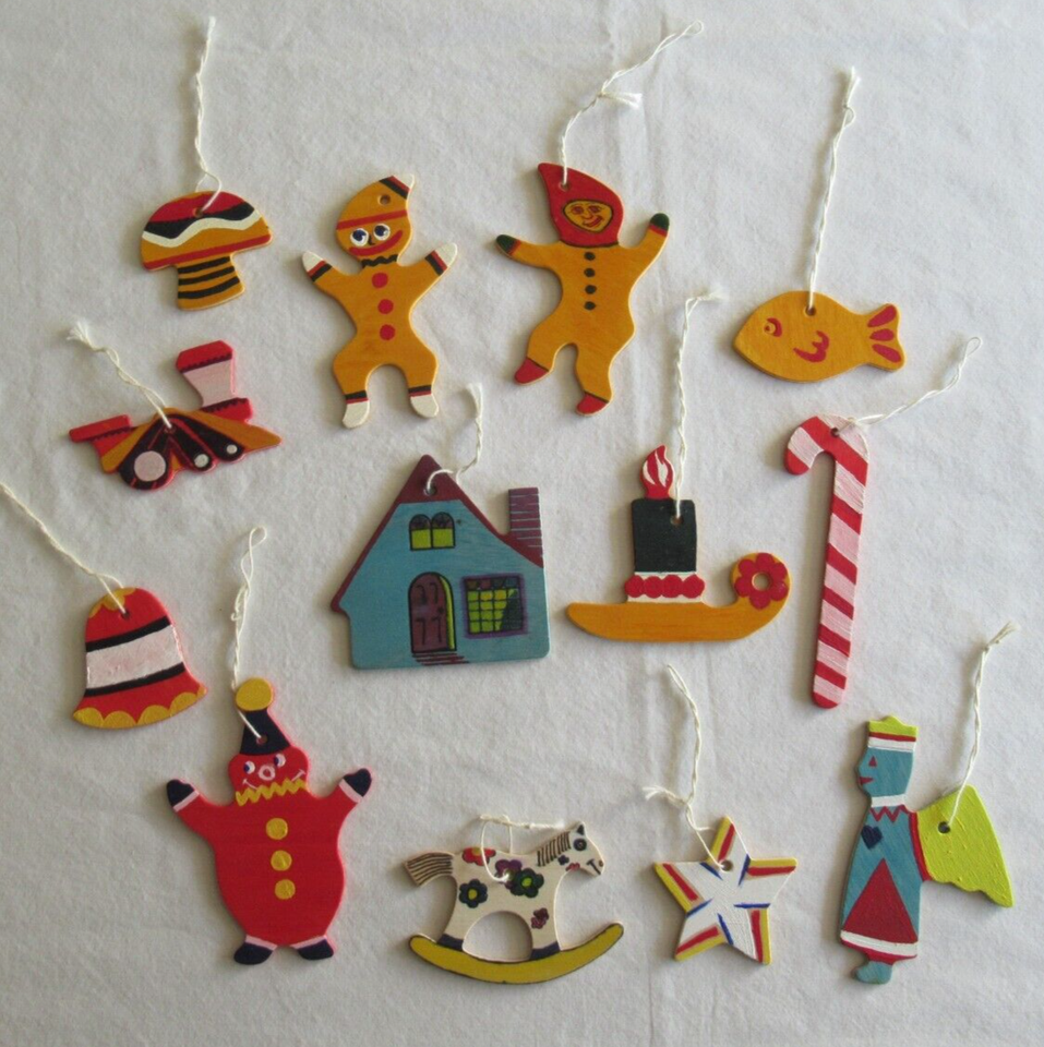 Vintage 70s Flat Wooden Hand Painted Christmas Ornaments Lot of 13 Mushr... - $14.24