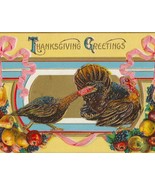 Pair of Turkeys With Pink Ribbon &amp; Fruit Antique Thanksgiving Postcard - $7.00