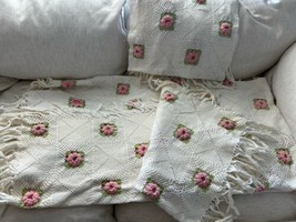 Vintage Crochet Afghan Blanket With Sham 3D Rose Handmade Pink White 40 X 72 - £186.75 GBP