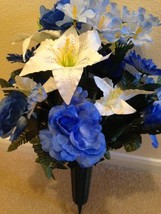 Cemetery Silk Flower Blue Mum White Lilly Vase - £42.50 GBP