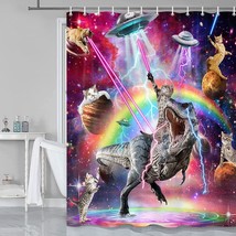 Funny Cat Shower Curtain For Kids,Cool Cat Riding Dinosaur In Fantasy Galaxy Hil - £28.74 GBP