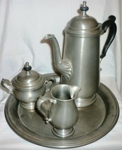 Vntg Oneida Heirloom Pewter 4-PC Coffee Set - Coffee Pot Creamer Sugar Bowl Tray - £123.85 GBP