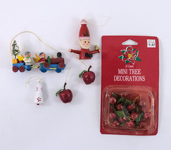 Christmas Ornaments Small Wooden Apples, Santa, Bell, Train Vintage Lot - £8.78 GBP