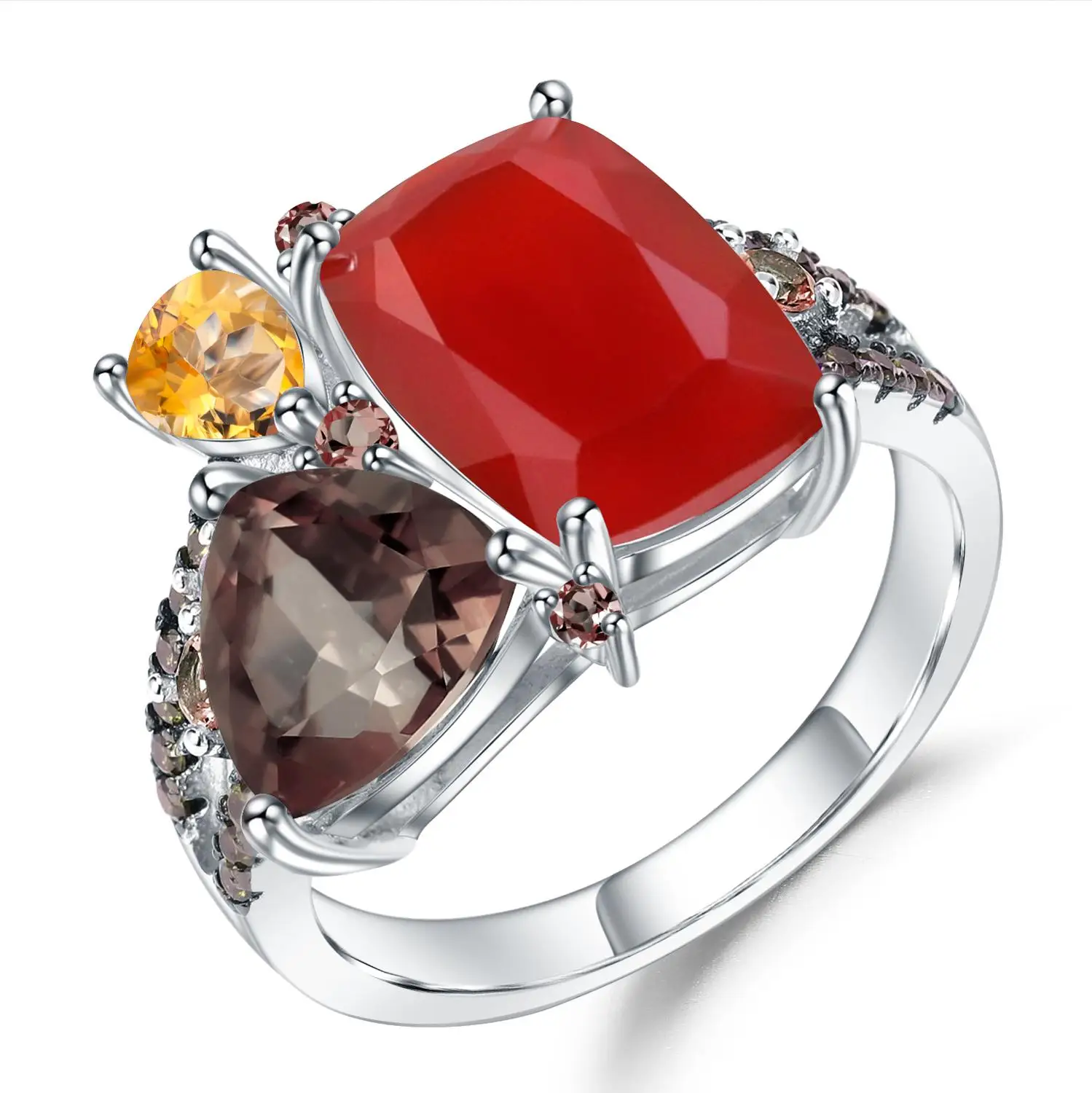 Real 925 Sterling Silver Red Garnet Smoky Quartz Rings For Women&#39;s Fine Jewelry  - £56.27 GBP