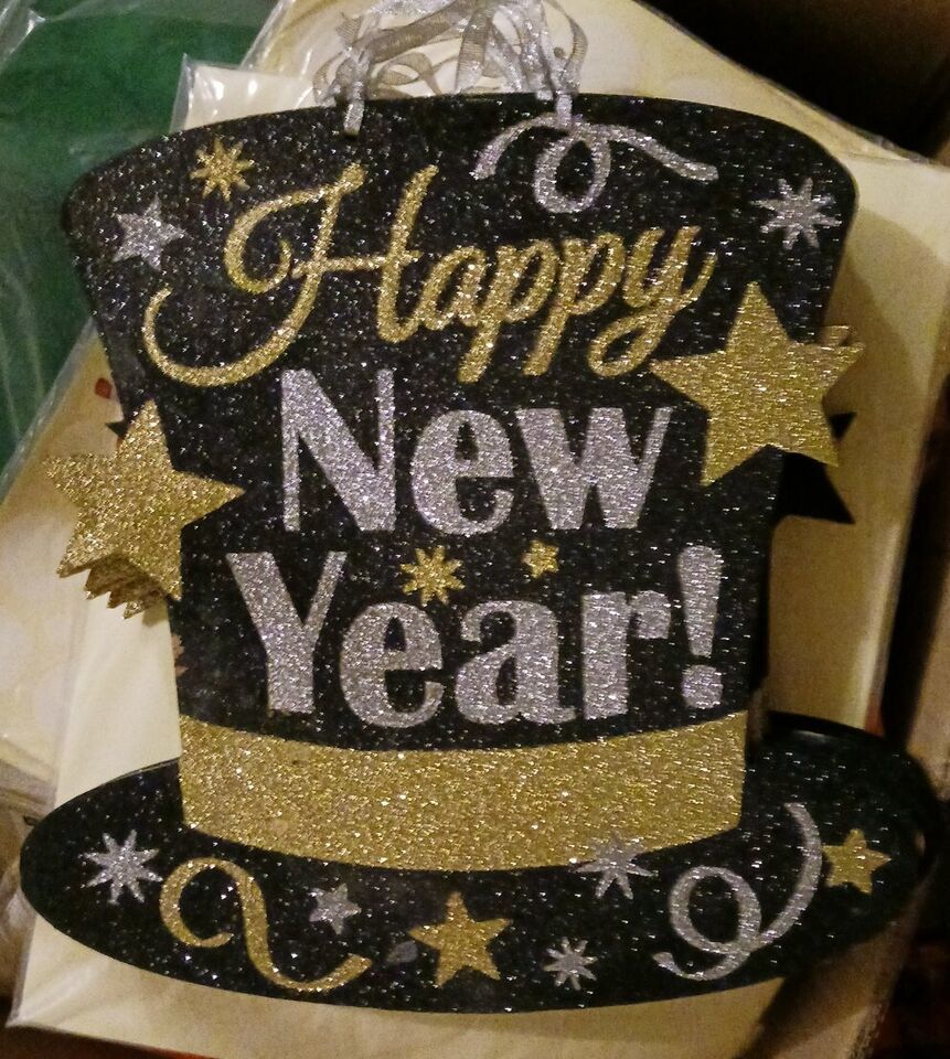 Happy New Year Glitter Sign 11.5" x 11.5" Black Silver Gold Lot Of 12 Count - $29.70