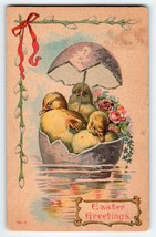 Easter Postcard Vintage Fantasy Baby Chicks In Cracked Egg Boat Holds Umbrella - £8.48 GBP