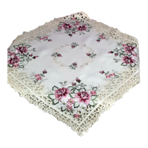 Summer Ecri Table Topper, Pink Red Green Roses, Embroidered, Rustic Deco... - $49.00