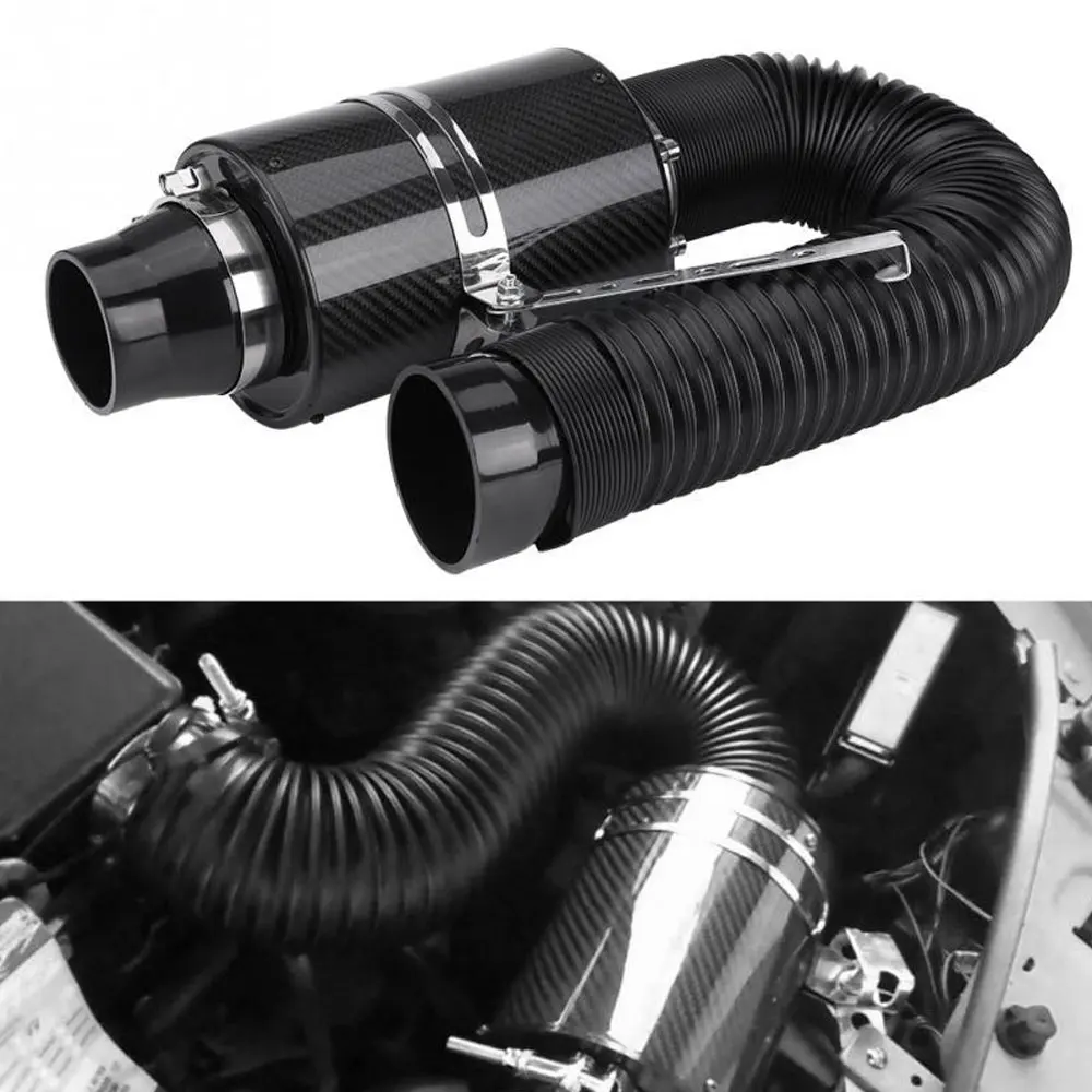 1 Set Universal Car 3 inch Carbon Fibre Cold Air Filter Feed Enclosed Intake - £41.69 GBP