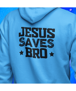 Heavy Blend Hoodie Sweatshirt &quot;Jesus Saves Bro&quot; black graphic on back - $29.69+